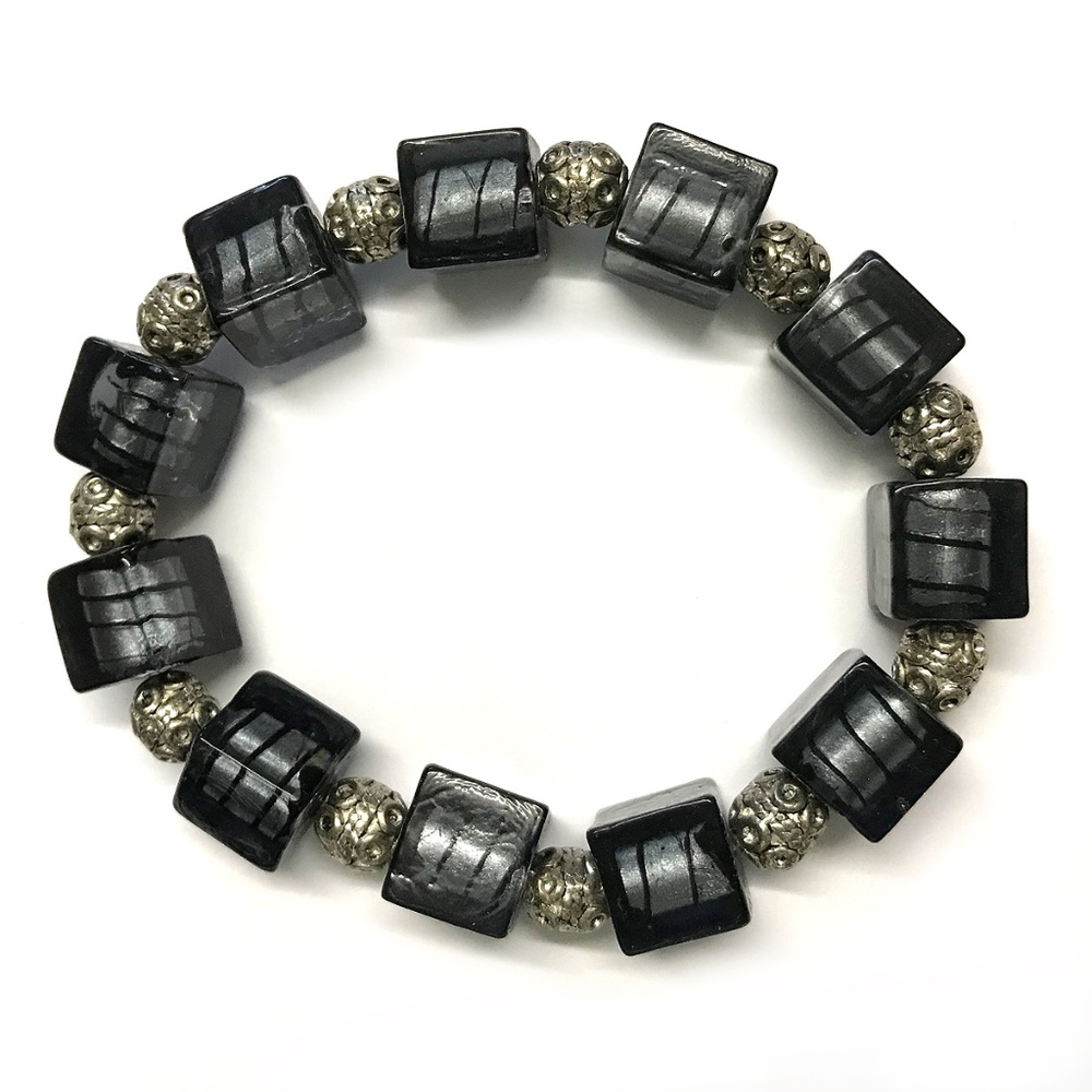 Handmade Vintage Black Glass & Metal Bracelet NWOT